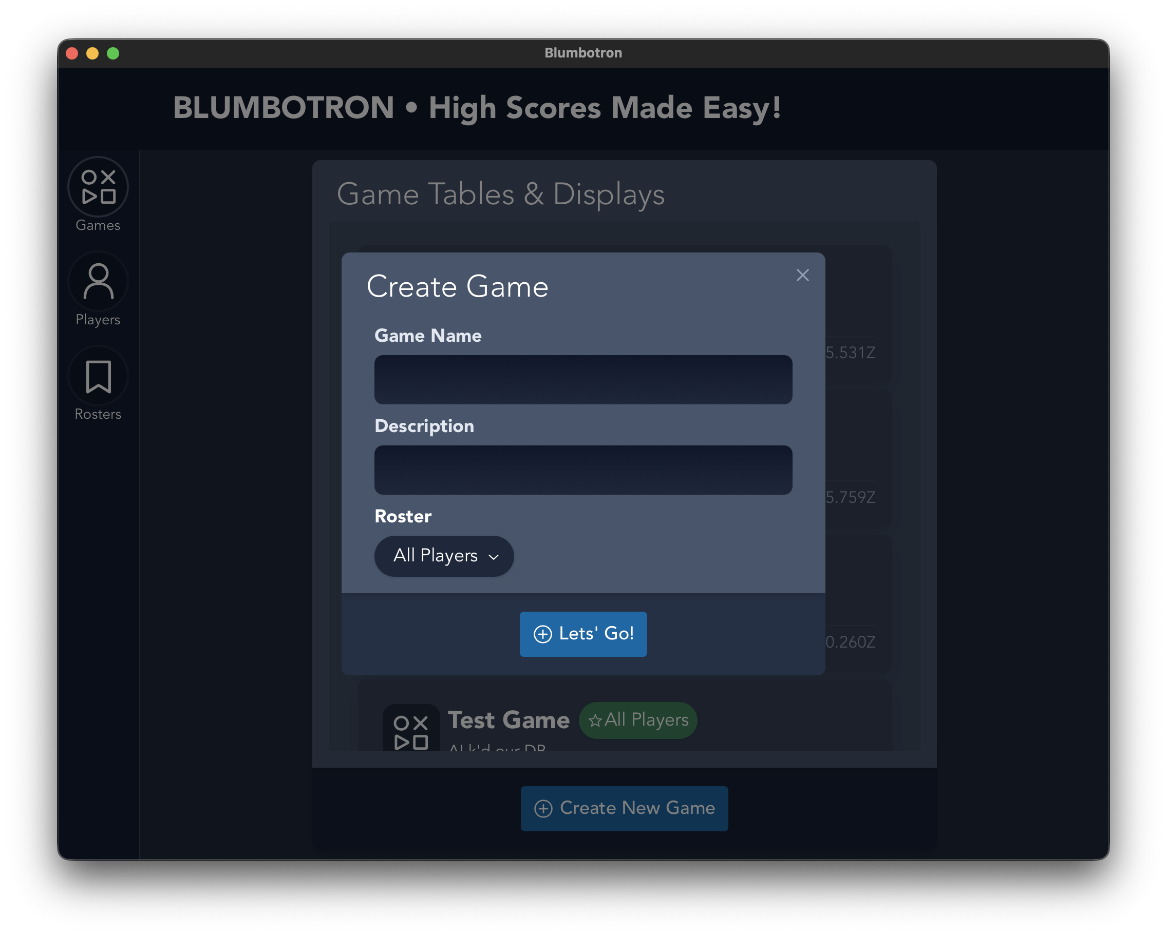 The Create New Game dialog with name, description, and roster fields