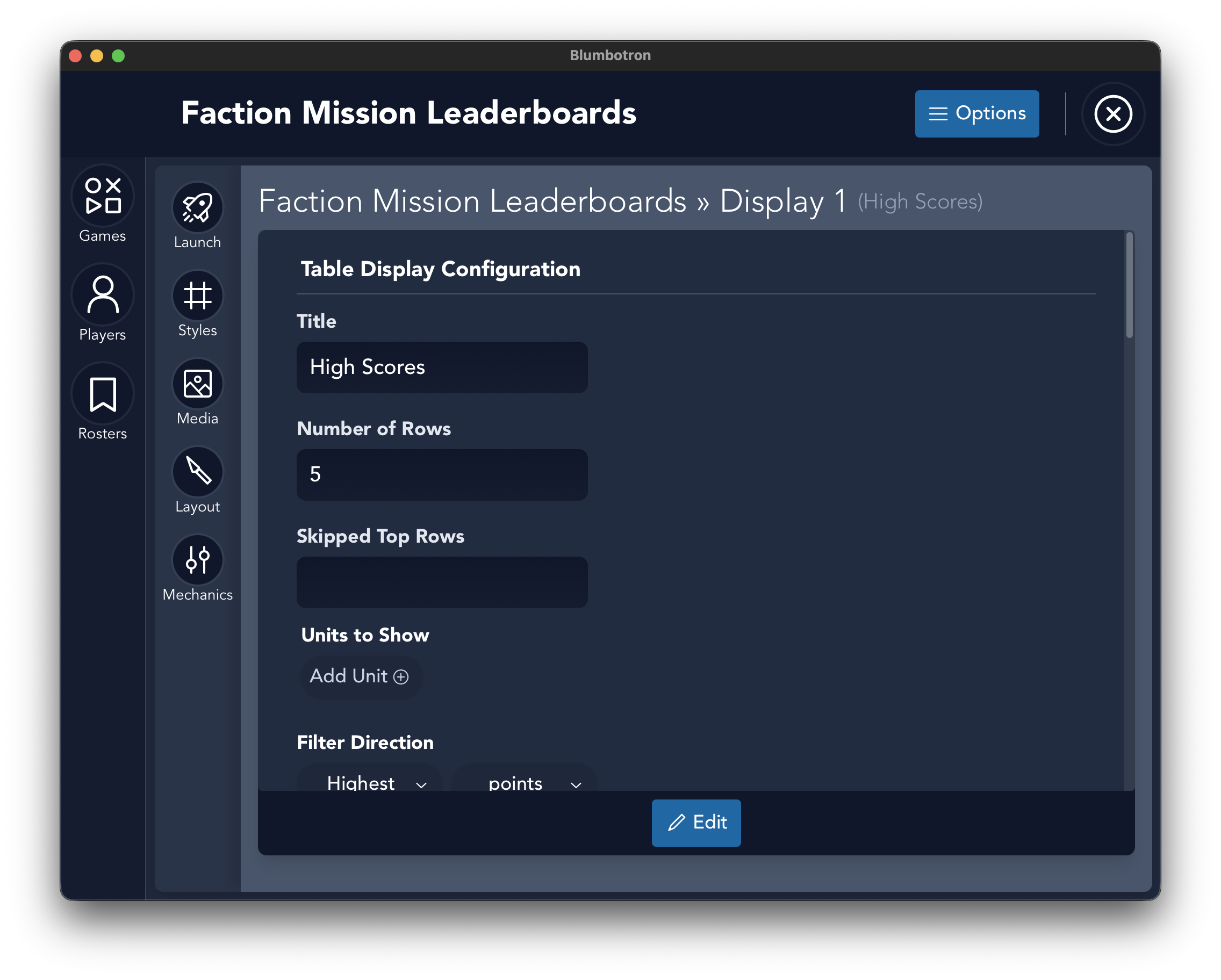 Display configuration form with title, rows, sort, and column settings