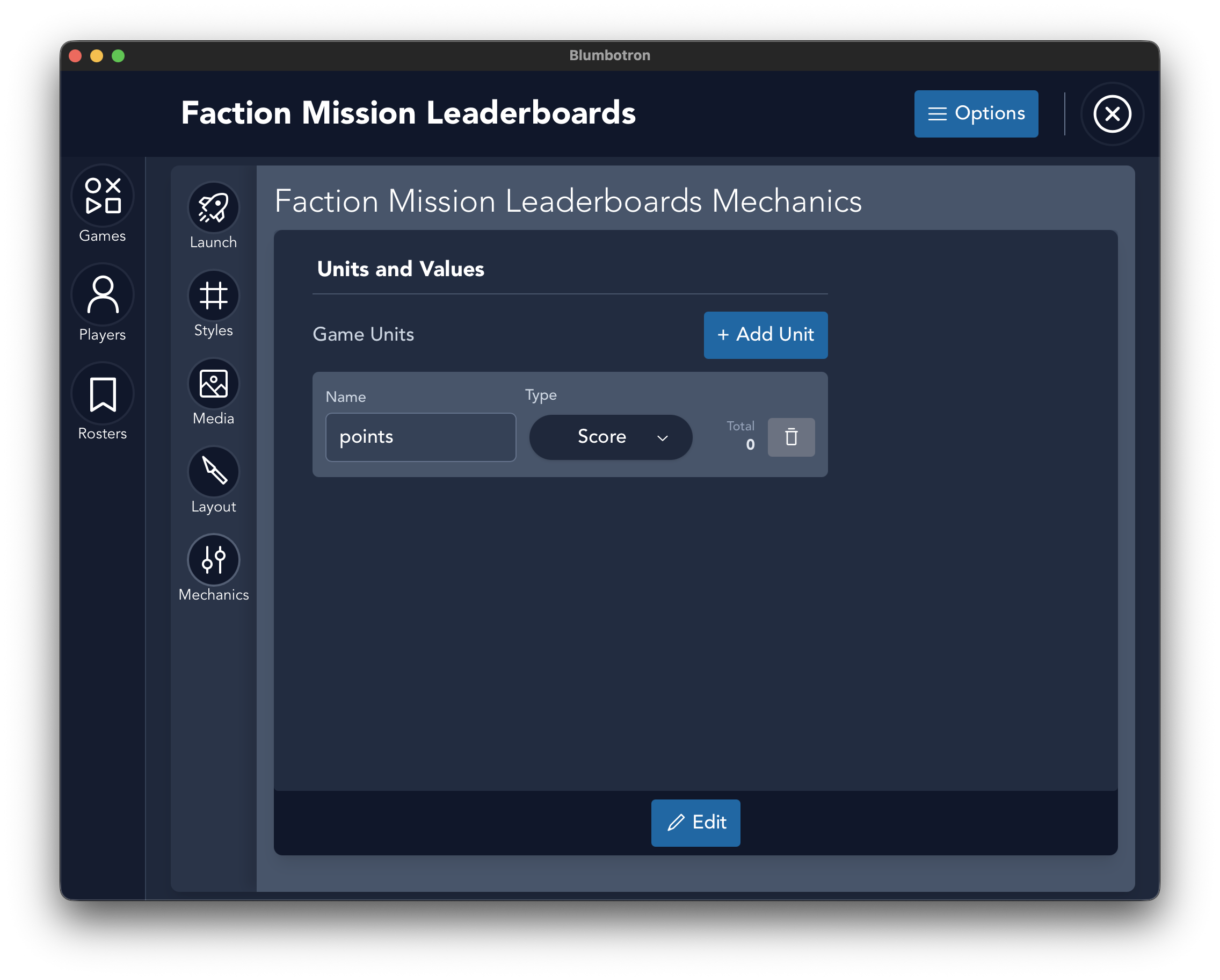 Mechanics tab showing scoring units configuration