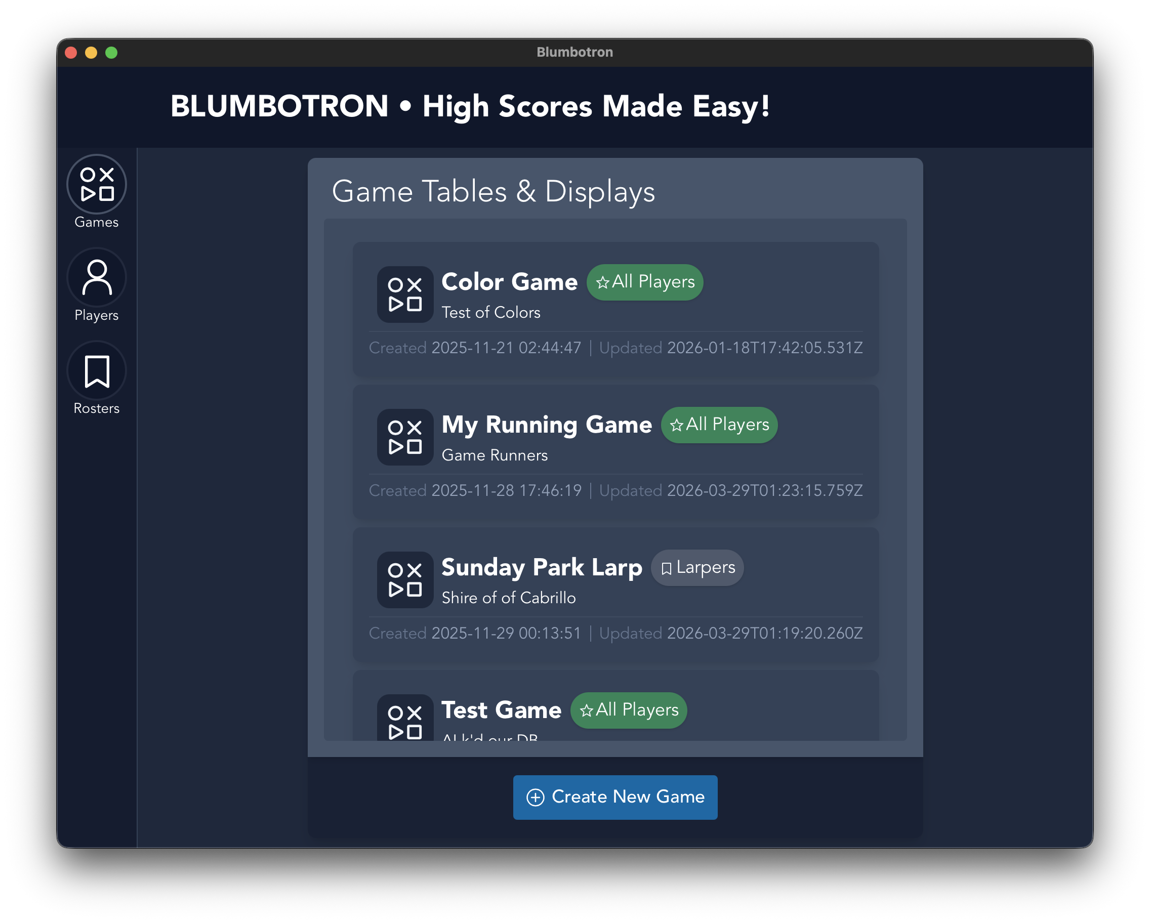 Home view showing the Games list with Create New Game button