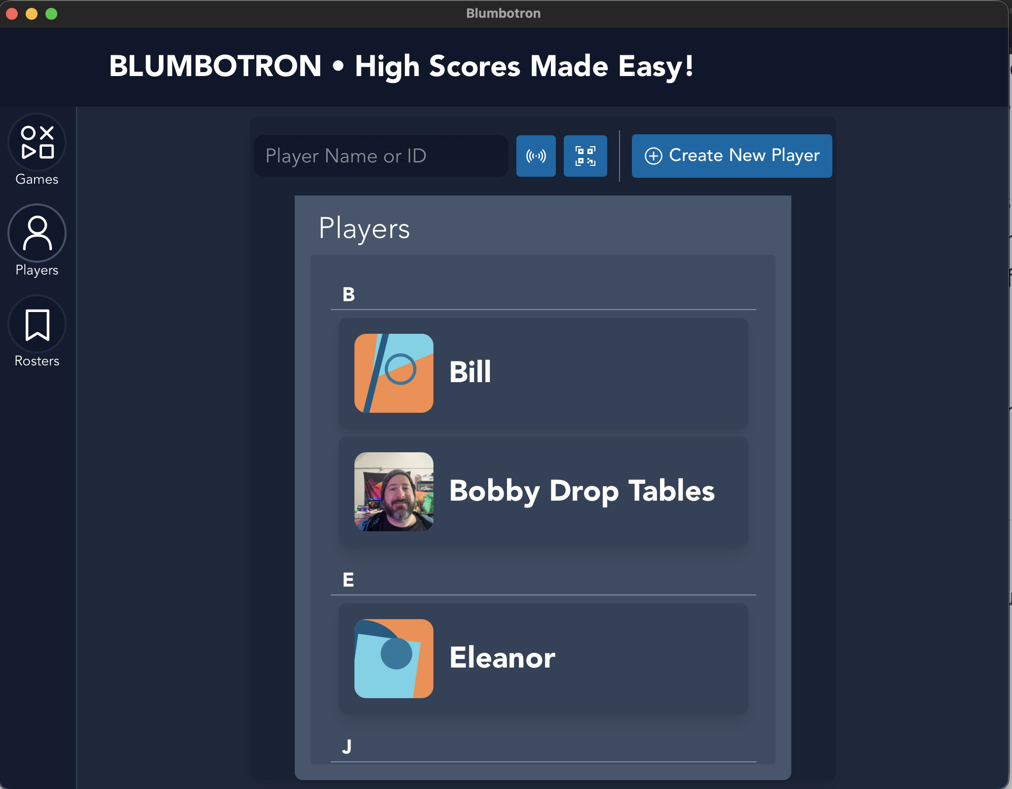 Players list with a player selected