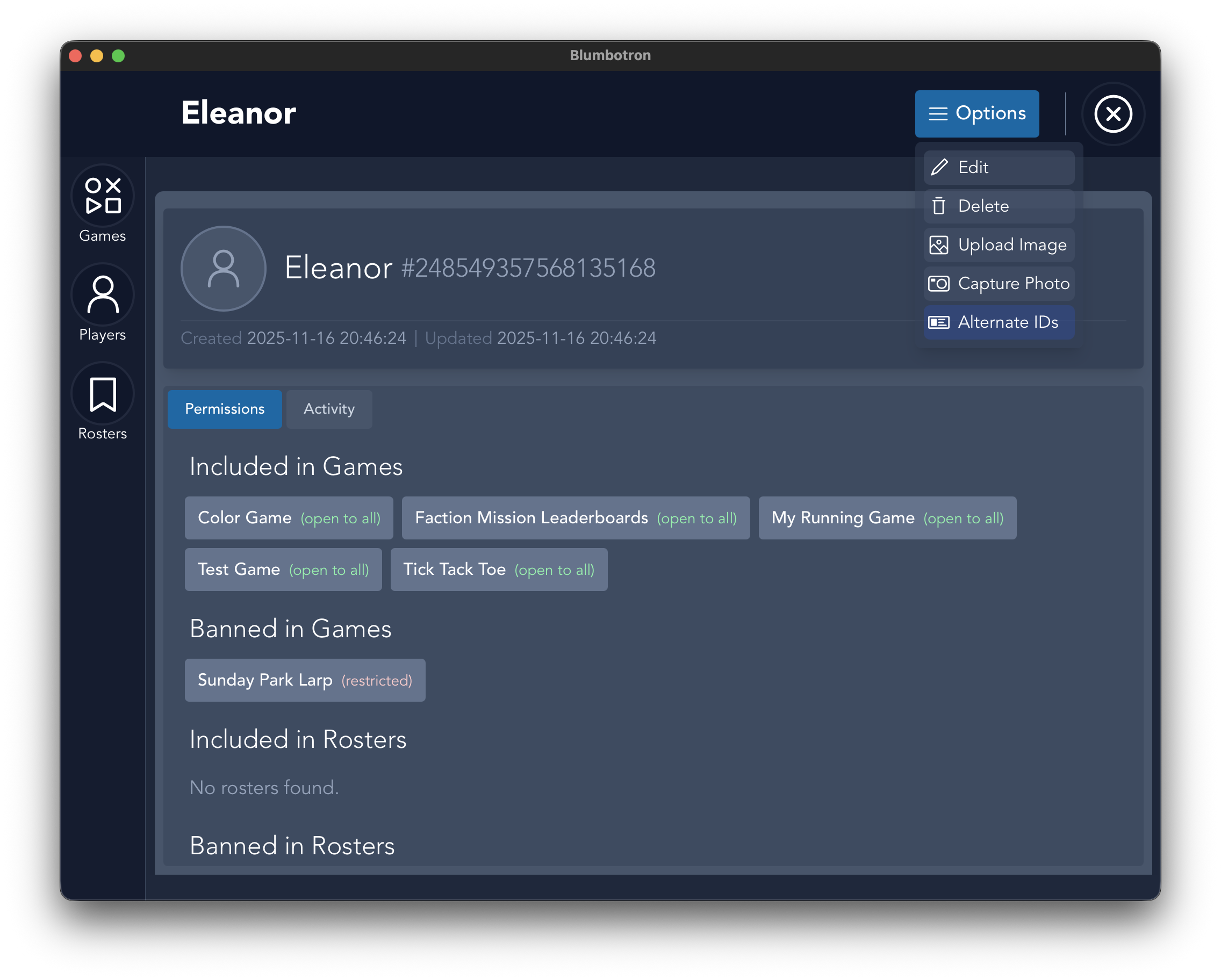 Player screen with Options menu open, showing Alternate IDs option