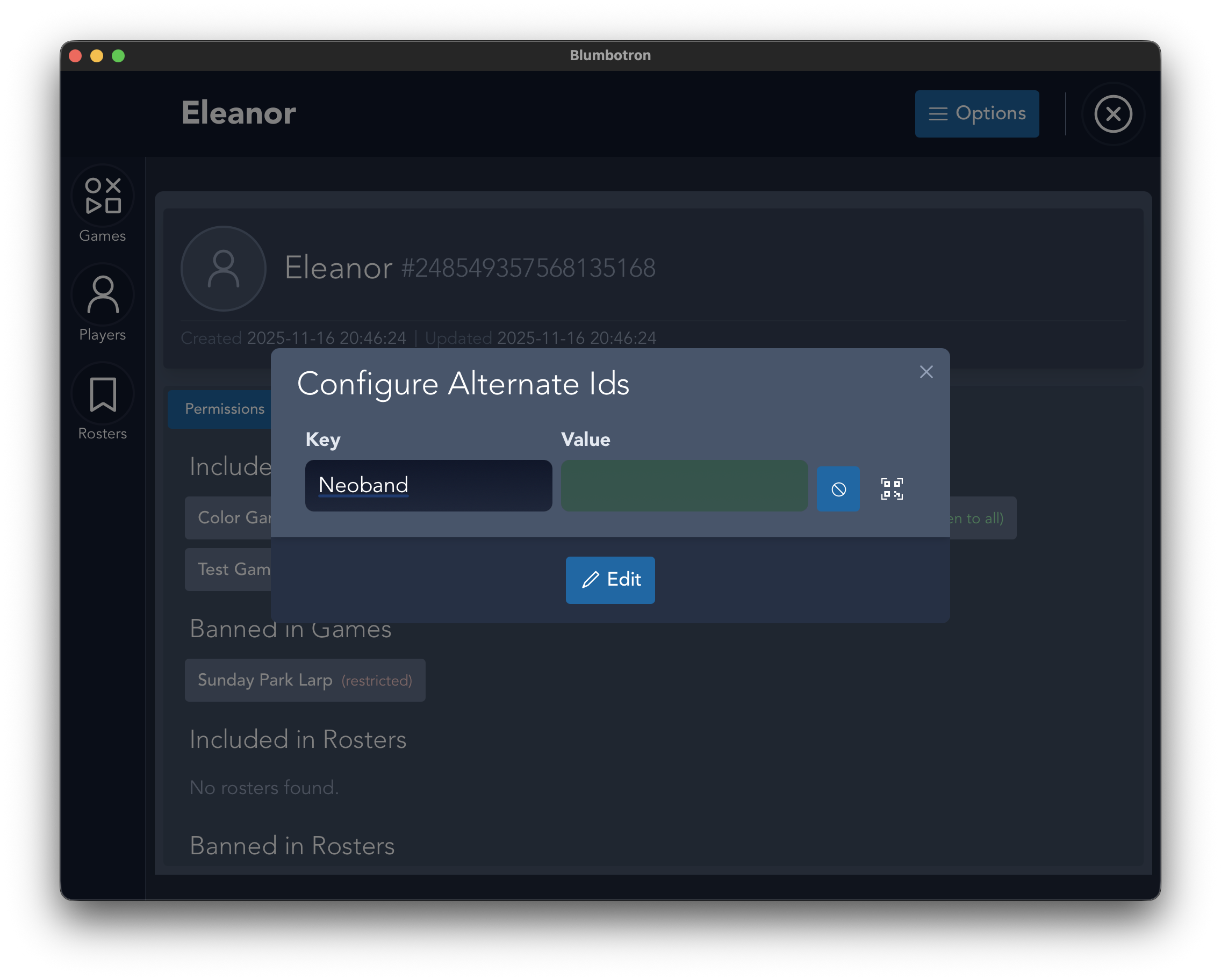 Alternate IDs modal with RFID input active and green glow