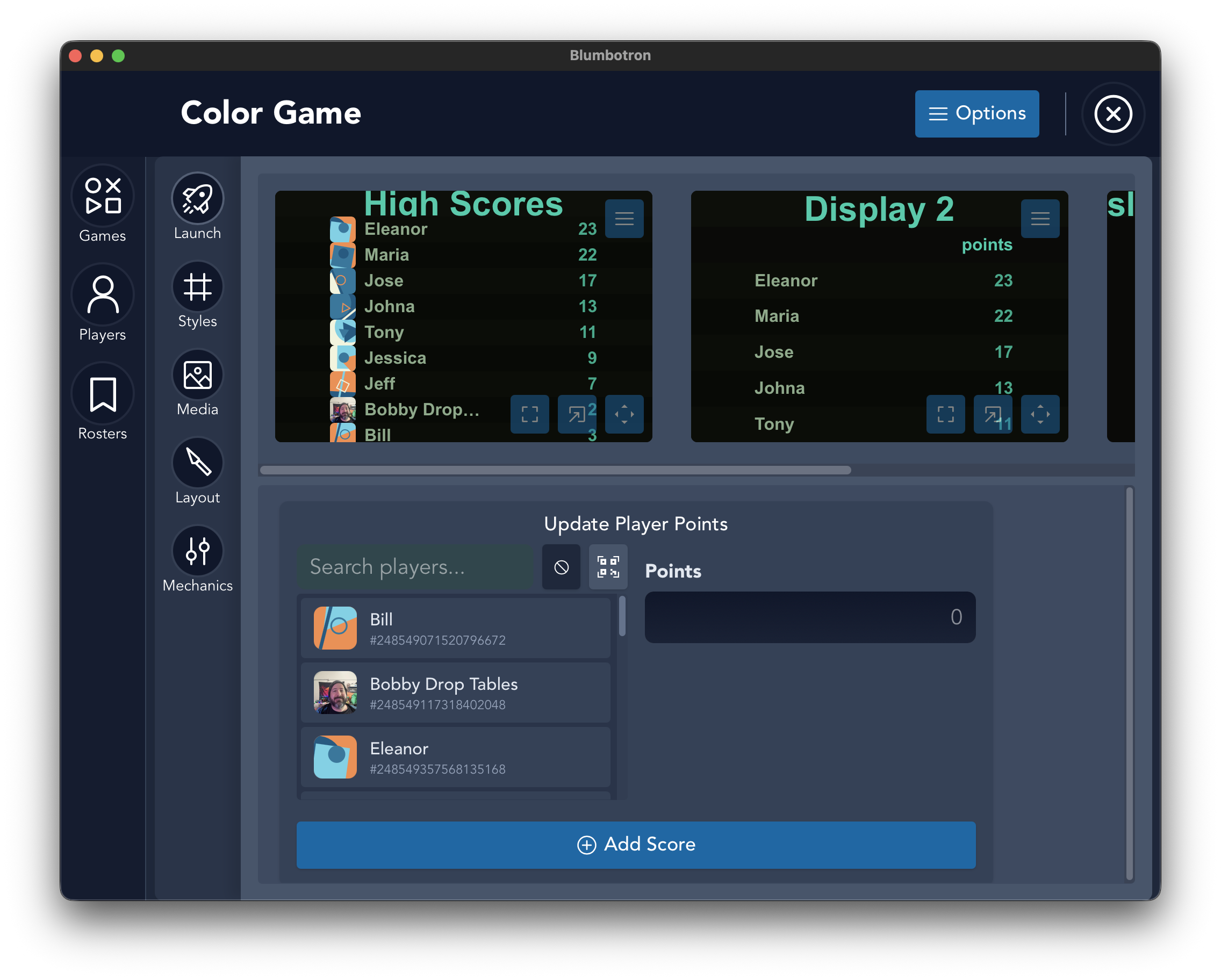 Game score entry area with RFID and QR scan buttons