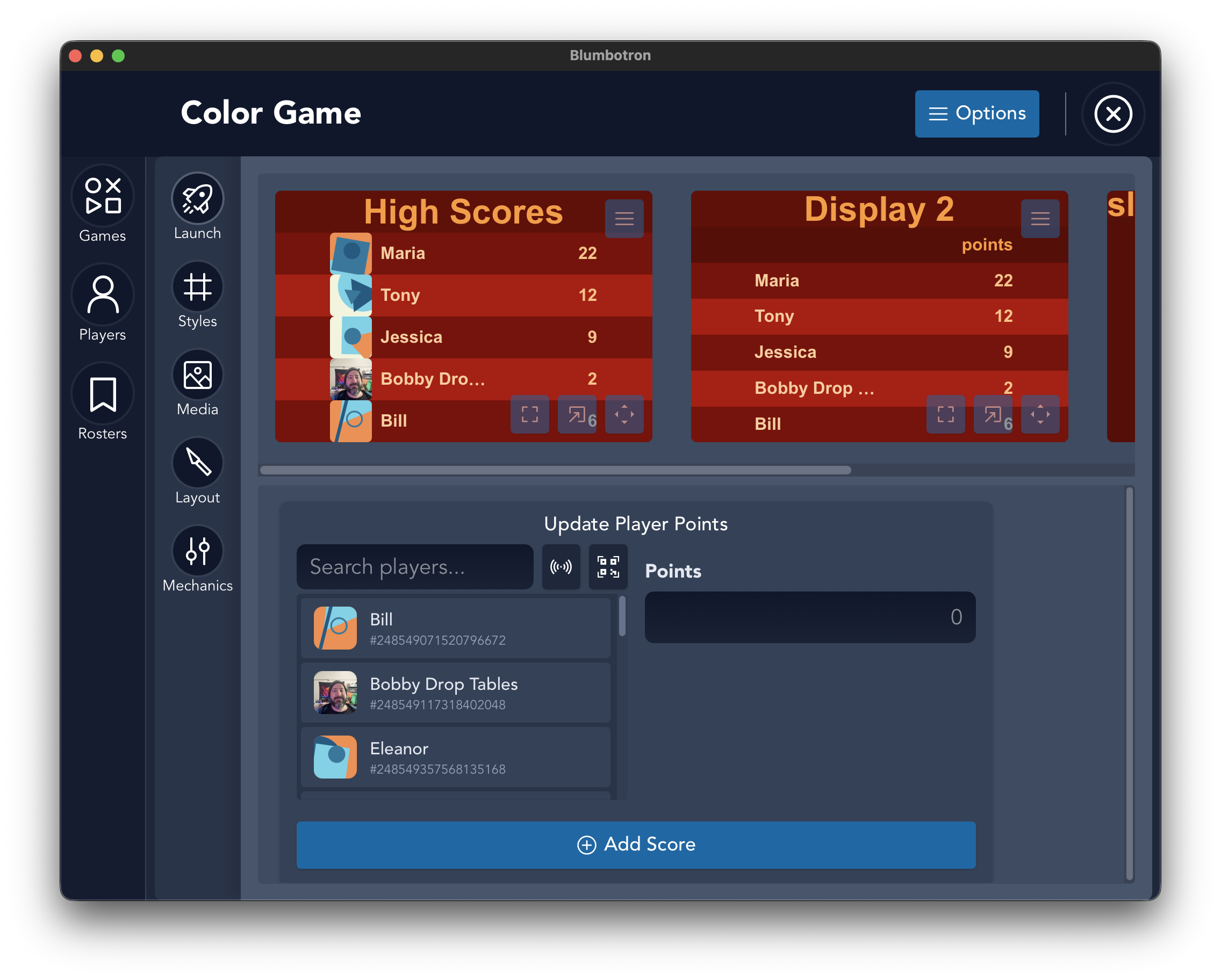 Score entry area with themed leaderboard displays and player list