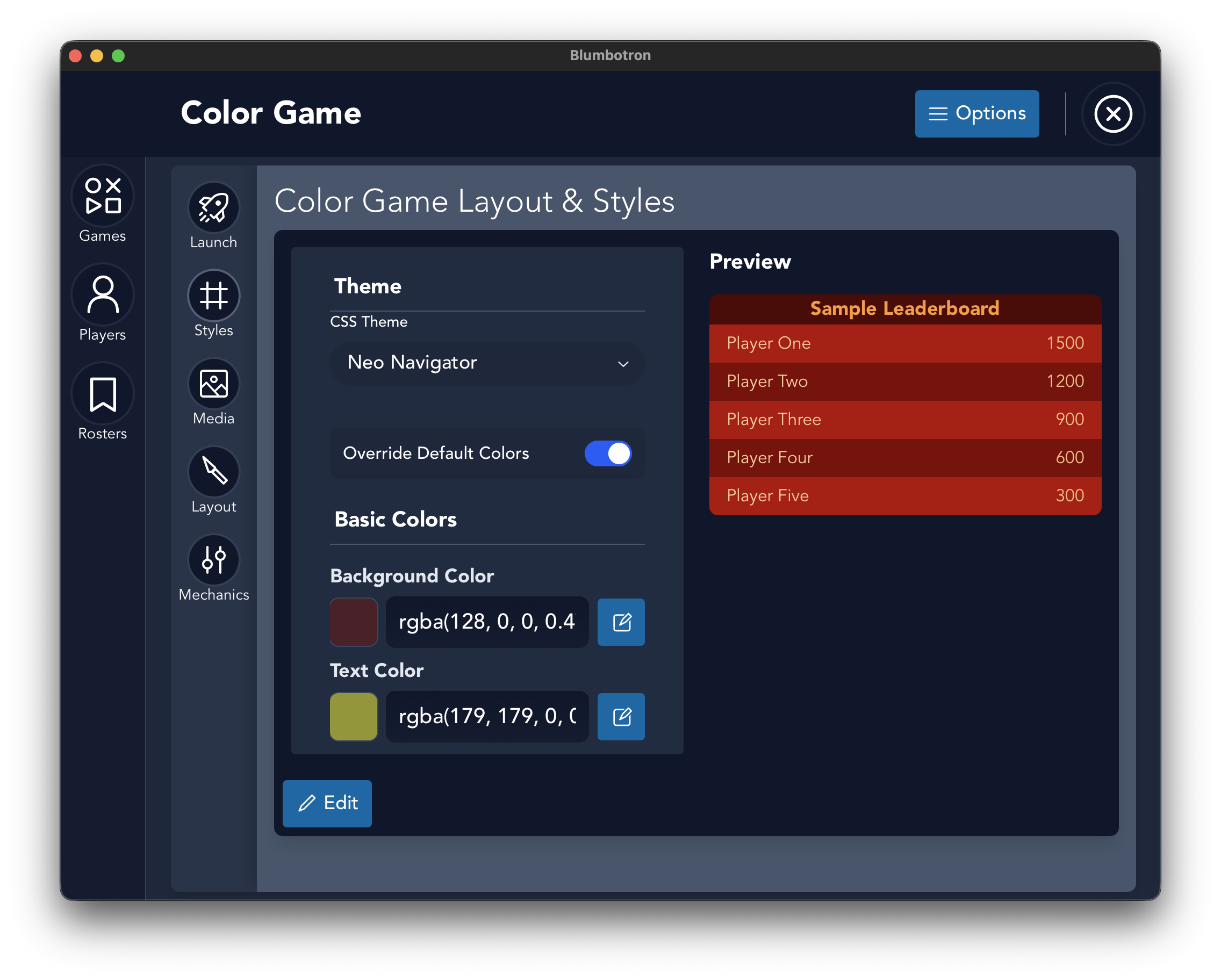 Styles tab with theme selector, color overrides, and live preview